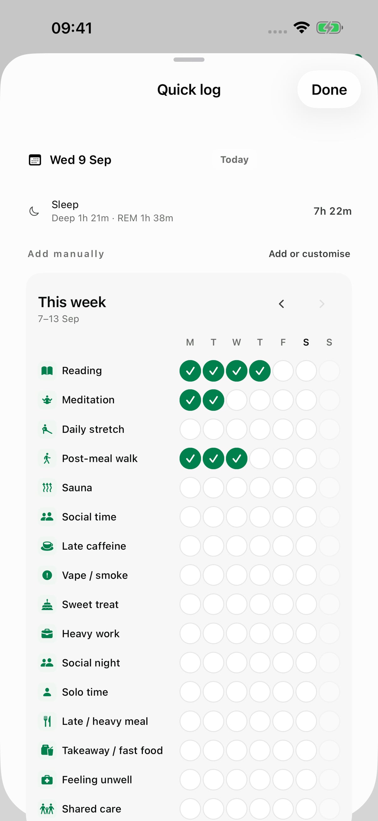 Weekly Quick Log grid showing quick ratings and routine items.