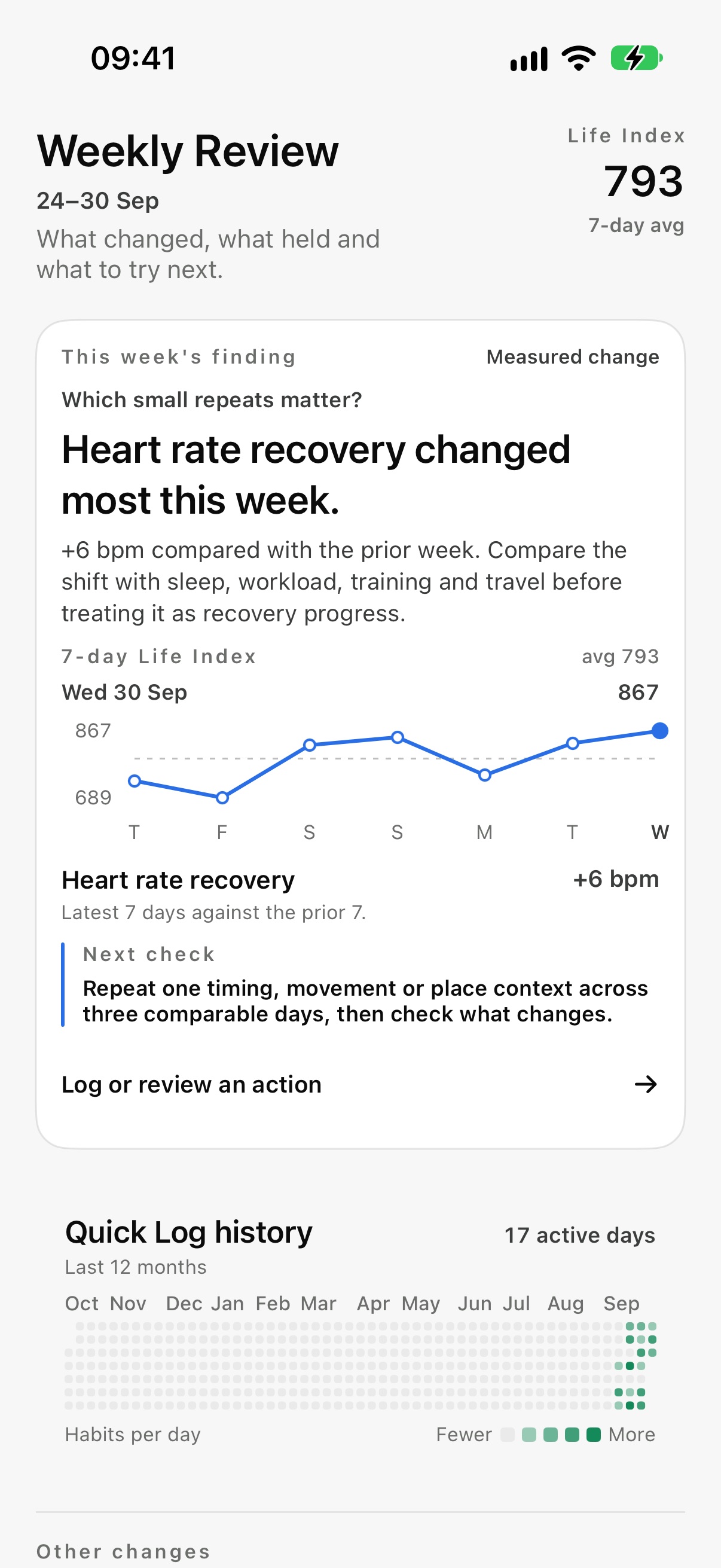 daygauge Weekly Review showing the week's biggest measured change, a 7-day Life Index and Quick Log history.