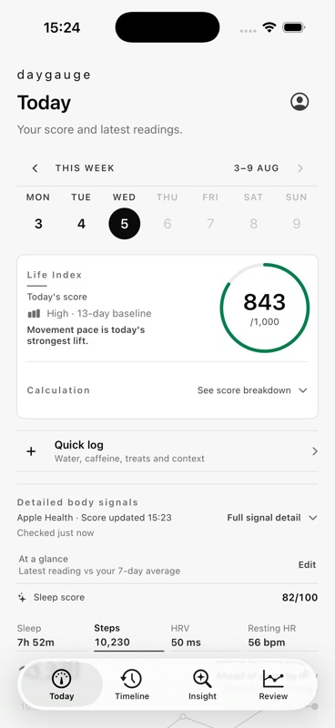 Today screen in the current daygauge native iOS TestFlight build